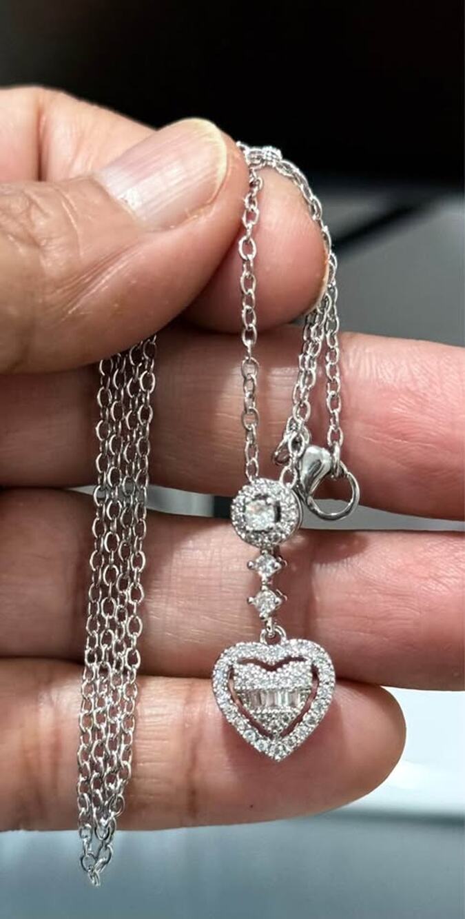 Silver Tone CZ Heart Pendant Necklace Adjustable